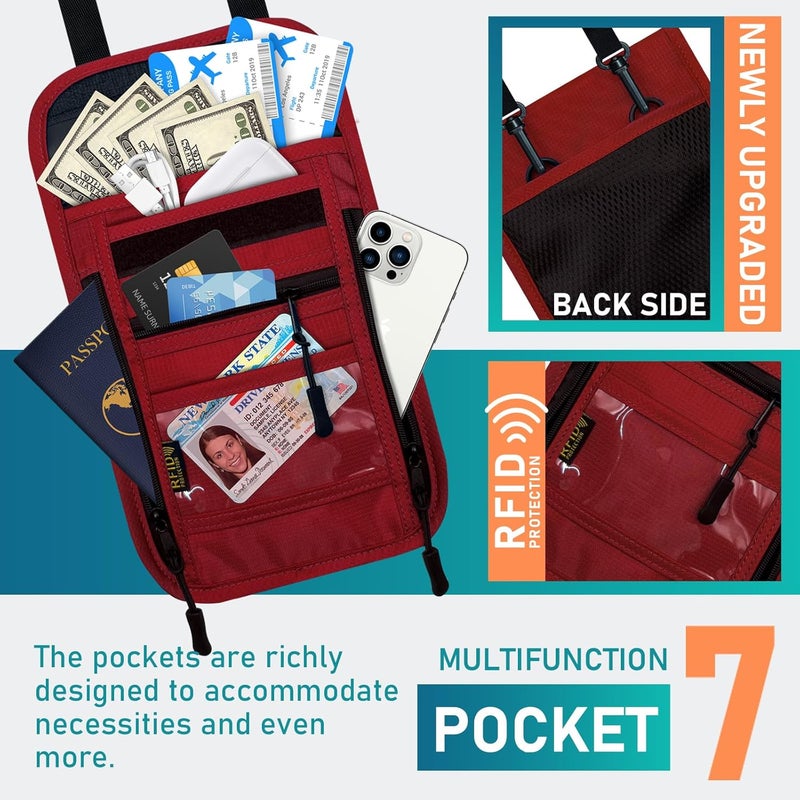 Sundee Travel Neck Wallet with Double Zippers, RFID Blocking Passport Holder with Adjustable Neck Strap for Men and Women to Keep Cash, Credit Cards and Travel Documents Safe - Red - Image 2